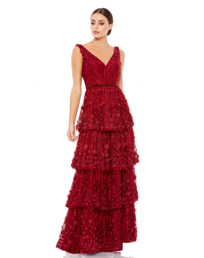 Shop Mac Duggal Floral Applique Ruffled Tiered Sleeveless V Neck Gown In Burgundy