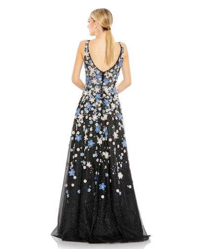 Shop Mac Duggal Floral Applique Sleeveless A-line Evening Gown In Black Multi