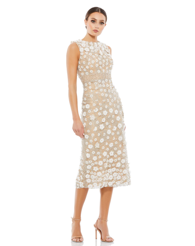 Shop Mac Duggal Floral Applique Sleeveless Midi Dress In Ivory/nude