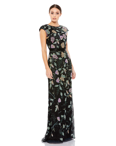 Shop Mac Duggal Floral Beaded Cap Sleeve Evening Gown In Black Multi