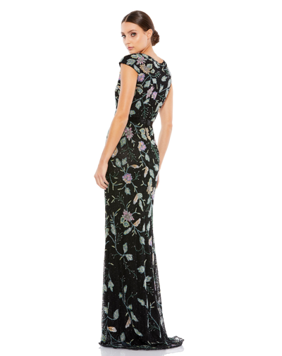 Shop Mac Duggal Floral Beaded Cap Sleeve Evening Gown In Black Multi