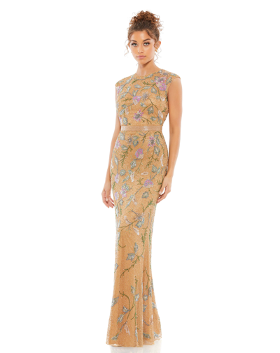 Shop Mac Duggal Floral Beaded Cap Sleeve Evening Gown In Caramel