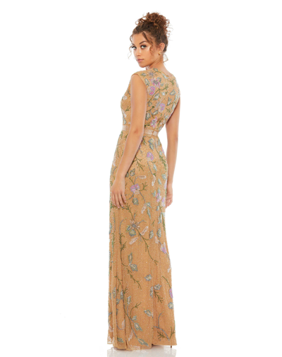 Mac Duggal Floral Beaded Cap Sleeve Evening Gown In Caramel