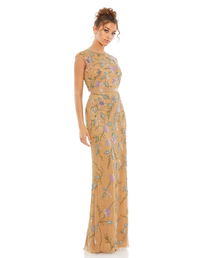 Mac Duggal Floral Beaded Cap Sleeve Evening Gown In Caramel