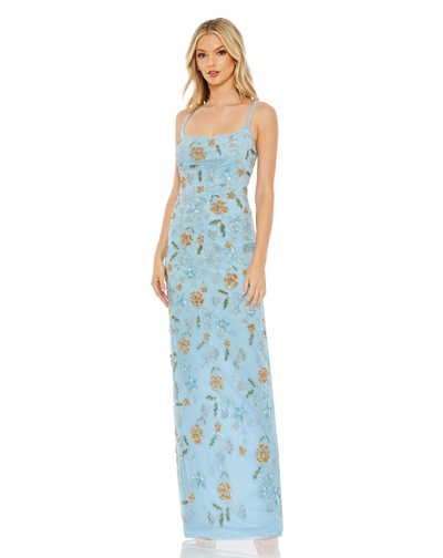 Shop Mac Duggal Hand Beaded Floral Gown With Beaded Spaghetti Straps In Powder Blue