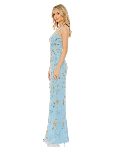 Shop Mac Duggal Hand Beaded Floral Gown With Beaded Spaghetti Straps In Powder Blue