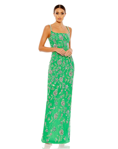 Shop Mac Duggal Hand Beaded Floral Gown With Beaded Spaghetti Straps In Spring Green