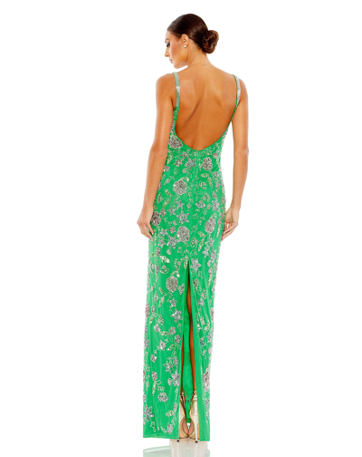 Shop Mac Duggal Hand Beaded Floral Gown With Beaded Spaghetti Straps In Spring Green