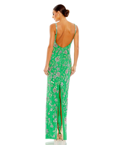 Mac Duggal Floral Beaded Square Neck Column Gown In Spring Green