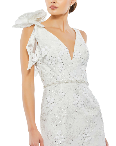 Shop Mac Duggal Floral Embellished V-neck Midi Dress With Shoulder Bow - Final Sale In Ivory