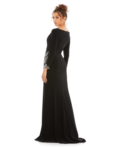 Mac Duggal Plunging Long-sleeve Bead-embellished Jersey Gown In Black