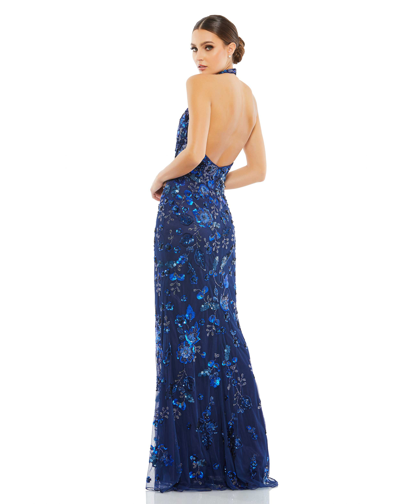 Mac Duggal Sequin Floral Halter Neck Sheath Gown In Midnight
