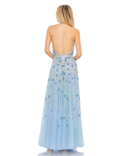Shop Mac Duggal Floral Embellished Halter Strap A Line Gown In Powder Blue