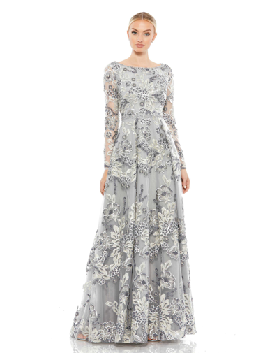 Shop Mac Duggal Floral Embellished Illusion Sleeve A-line Gown In Platinum