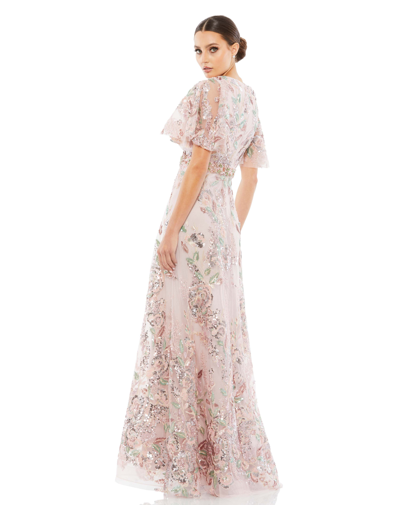 Mac Duggal Sequin Floral Butterfly Sleeve A-line Gown In Rose Pink