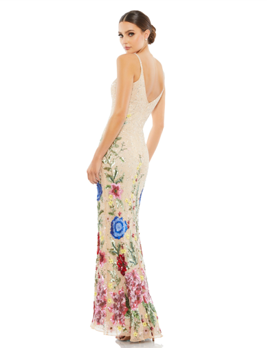 Shop Mac Duggal Floral Embellished Spaghetti Strap Gown In Nude/multi