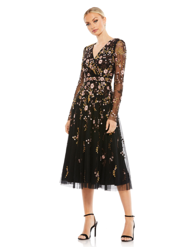 mac duggal black embellished floral long sleeve dress fitting sheath silhouette that elongates the body Mac Duggal Women's Jersey Long