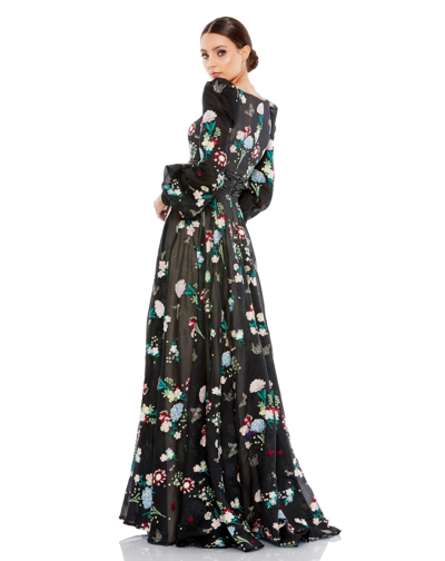 Mac Duggal V-neck Bishop Sleeve Gown With Beaded Cummerbund And Thigh-high Slit In Black