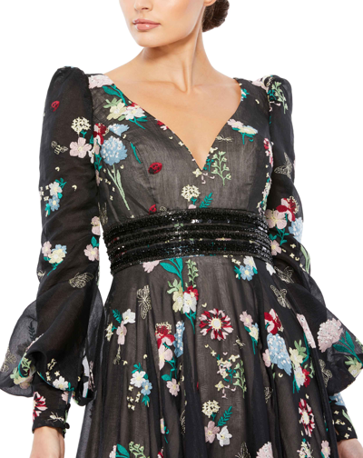Mac Duggal V-neck Bishop Sleeve Gown With Beaded Cummerbund And Thigh-high Slit In Black