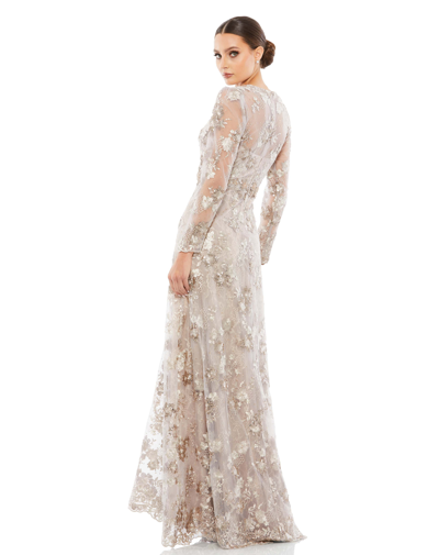 Mac Duggal Floral Embroidered Illusion Long Sleeve Evening Gown In Mocha