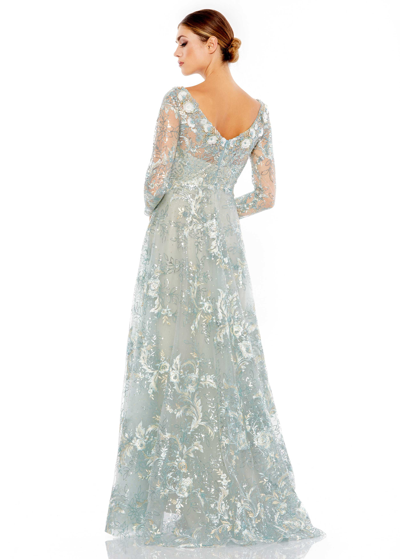 Shop Mac Duggal Floral Embroidered Illusion Long Sleeve Gown In Mist