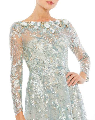 Shop Mac Duggal Floral Embroidered Illusion Long Sleeve Gown In Mist