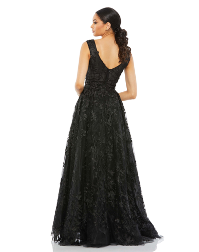 Shop Mac Duggal Floral Embroidered Illusion V-neck Gown In Black