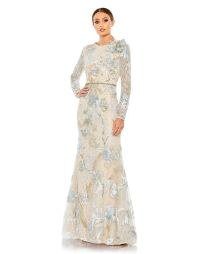 Shop Mac Duggal Floral Embroidered Lace Trumpet Gown In Ice Blue