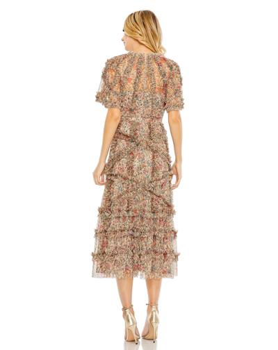 Shop Mac Duggal Floral Flutter Sleeve Mesh Print Dress In Beige Multi