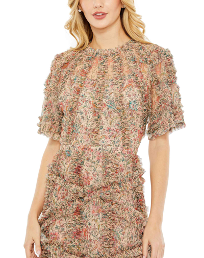 Shop Mac Duggal Floral Flutter Sleeve Mesh Print Dress In Beige Multi