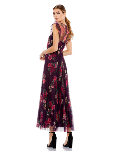 Ieena For Mac Duggal Floral Flutter Sleeve Midi Dress In Plum Multi