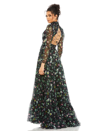 Mac Duggal Floral Chiffon High-neck Gown With Sheer Puff Sleeves And Lace-up Cutouts In Black Floral