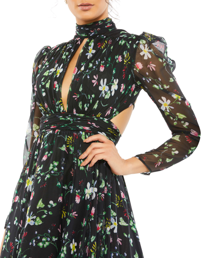 Shop Mac Duggal Floral High Neck Puff Sleeve Gown In Black Floral