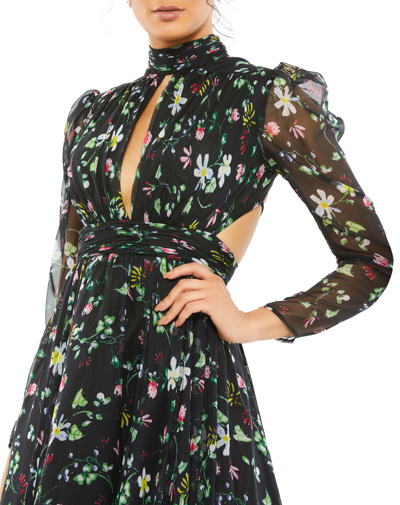 Mac Duggal Floral Chiffon High-neck Gown With Sheer Puff Sleeves And Lace-up Cutouts In Black Floral