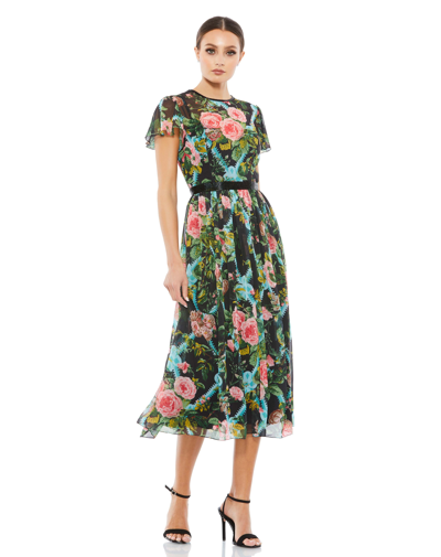Mac Duggal Floral Illusion Cap Sleeve Midi Dress In Black Multi