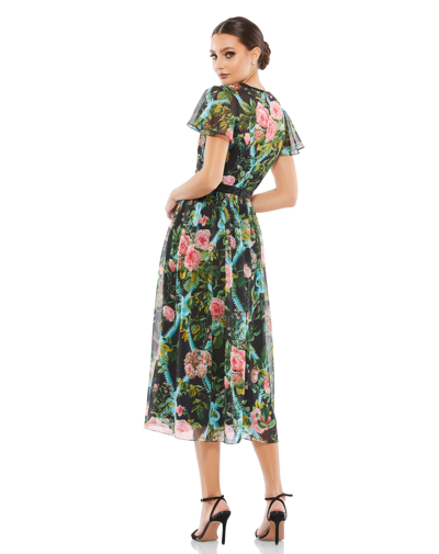 Mac Duggal Floral Illusion Cap Sleeve Midi Dress In Black Multi