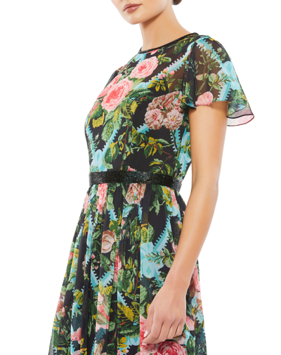 Mac Duggal Floral Illusion Cap Sleeve Midi Dress In Black Multi