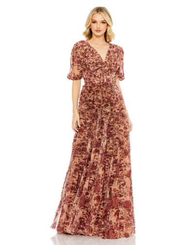 Shop Mac Duggal Mesh V-neck Floral Dress In Beige Multi