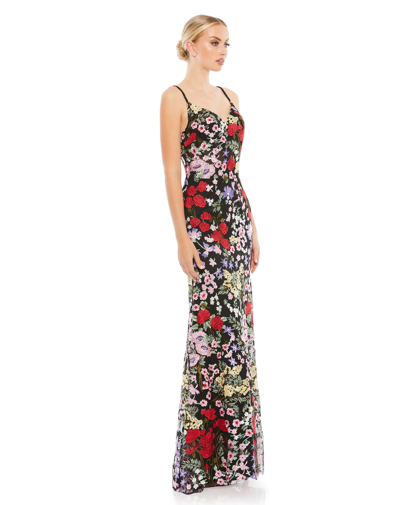 Mac Duggal Floral Embroidery Lace Column Gown In Black Multi