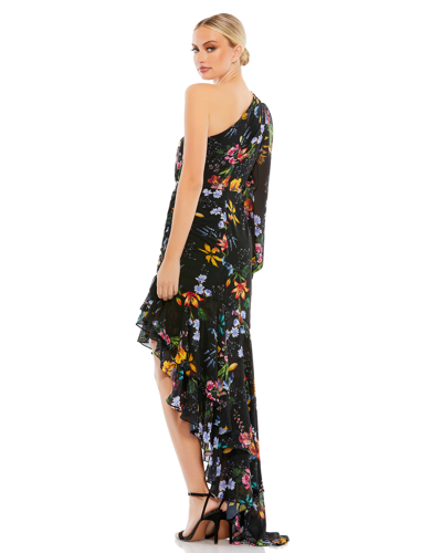 Ieena For Mac Duggal One Shoulder Cut Out Asymmetrical Ruffle Gown In Black Multi