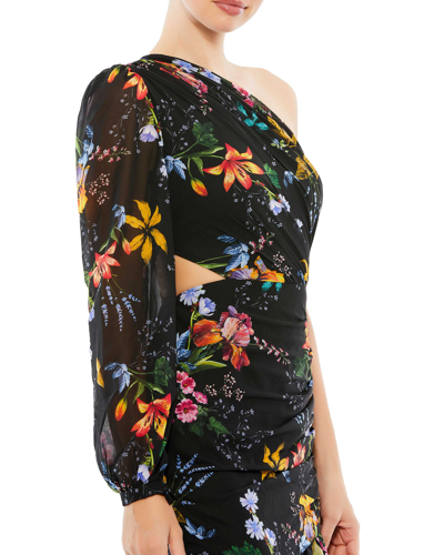 Ieena For Mac Duggal One Shoulder Cut Out Asymmetrical Ruffle Gown In Black Multi