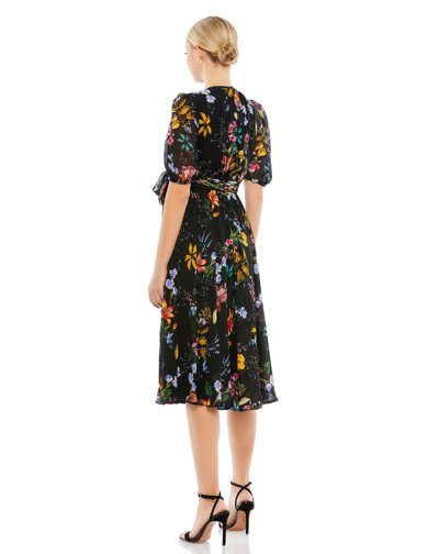 Ieena For Mac Duggal Floral Pattern High Neck Belted Midi Dress In Black Multi