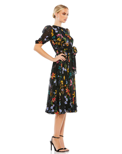Ieena For Mac Duggal Floral Pattern High Neck Belted Midi Dress In Black Multi
