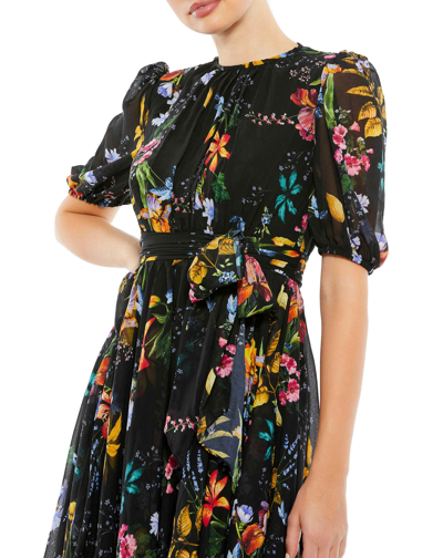 Ieena For Mac Duggal Floral Pattern High Neck Belted Midi Dress In Black Multi