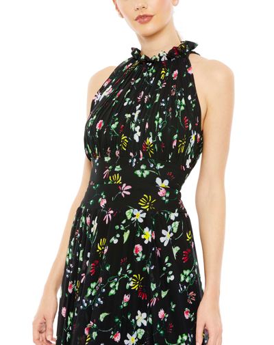 Shop Ieena For Mac Duggal Floral Print Asymmetrical Ruffle Slit Halter Gown In Black Multi