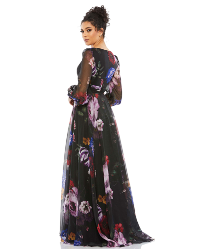Mac Duggal Floral Print Pleated Wrap Over Illusion Long Sleeve Dress In Black Multi