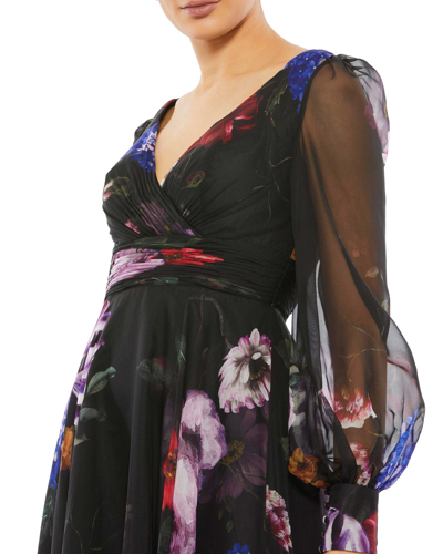 Mac Duggal Floral Print Pleated Wrap Over Illusion Long Sleeve Dress In Black Multi