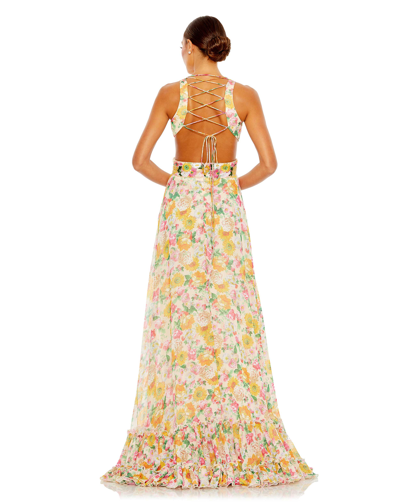 Shop Mac Duggal Floral Print Cut-out Lace Up Tiered Gown In Nude/multi