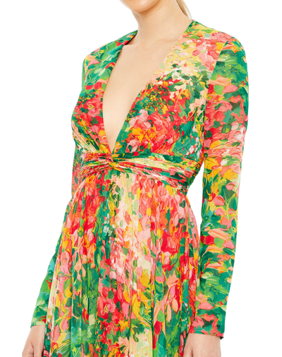 Ieena For Mac Duggal Floral Print Front Twist V Neck Long Sleeve Gown In Green Multi