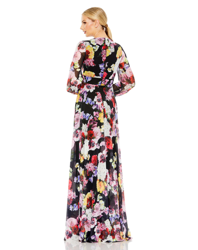 Mac Duggal Floral Print Illusion Long Sleeve V Neck Gown In Black Multi